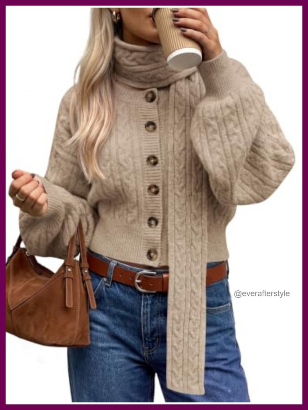 Cable Knit Cropped Cardigan Sweater with Matching Scarf - Long Sleeve Button Up
